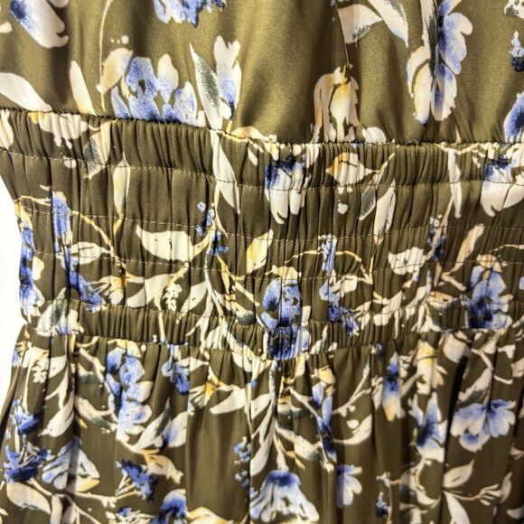 Lane Bryant Dress 20 Olive Green Floral Print Flutter Sleeve Smocked Waist Midi - Picture 6 of 10